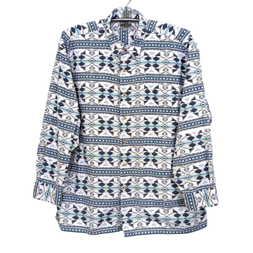 Canyon Creek Mens XL Cotton Button Down Shirt Blue Southwest Print Western Rodeo